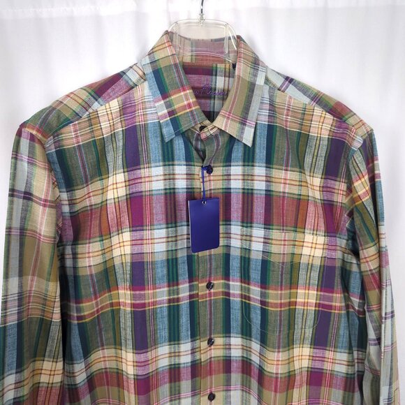 Alan Flusser Button Down Medium Plaid Green NWT - Picture 2 of 9